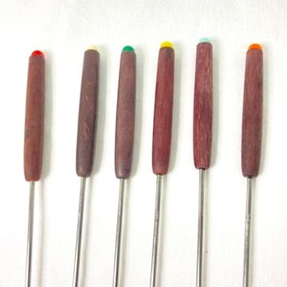 Vtg Fondue Forks Skewers Set of 6 Wood Handle Colored‎ Tips MCM Retro Mod - Picture 5 of 6